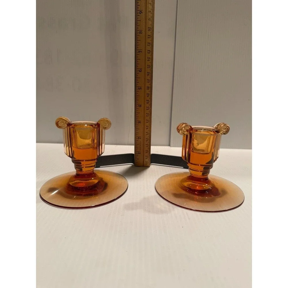 Vtg Fostoria Amber Glass Scroll Candle Holder Pair 1930s Art Deco Elegant MCM